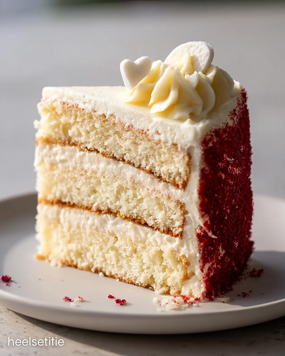 A slice of layered white cake with cream cheese frosting, decorated with red crumbs and heart toppers, representing great cake ideas recipes.
