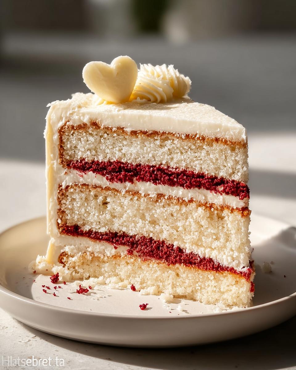 A beautiful slice of layered cake, featuring white and red velvet cake Ideas Recipes layers, topped with white frosting and a white chocolate heart.