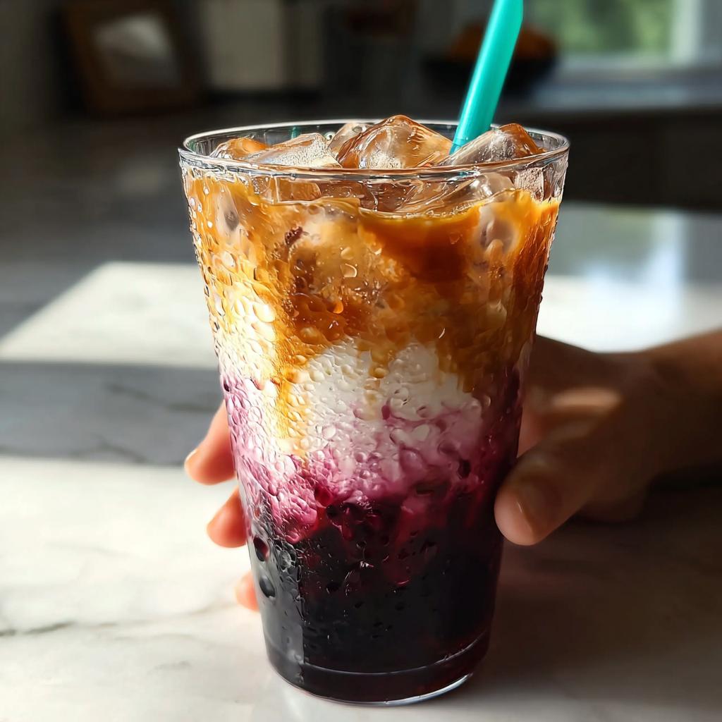 A condensation-covered glass holding a layered iced coffee drink, perfect for a Starbucks Drink Order for Busy Moms.