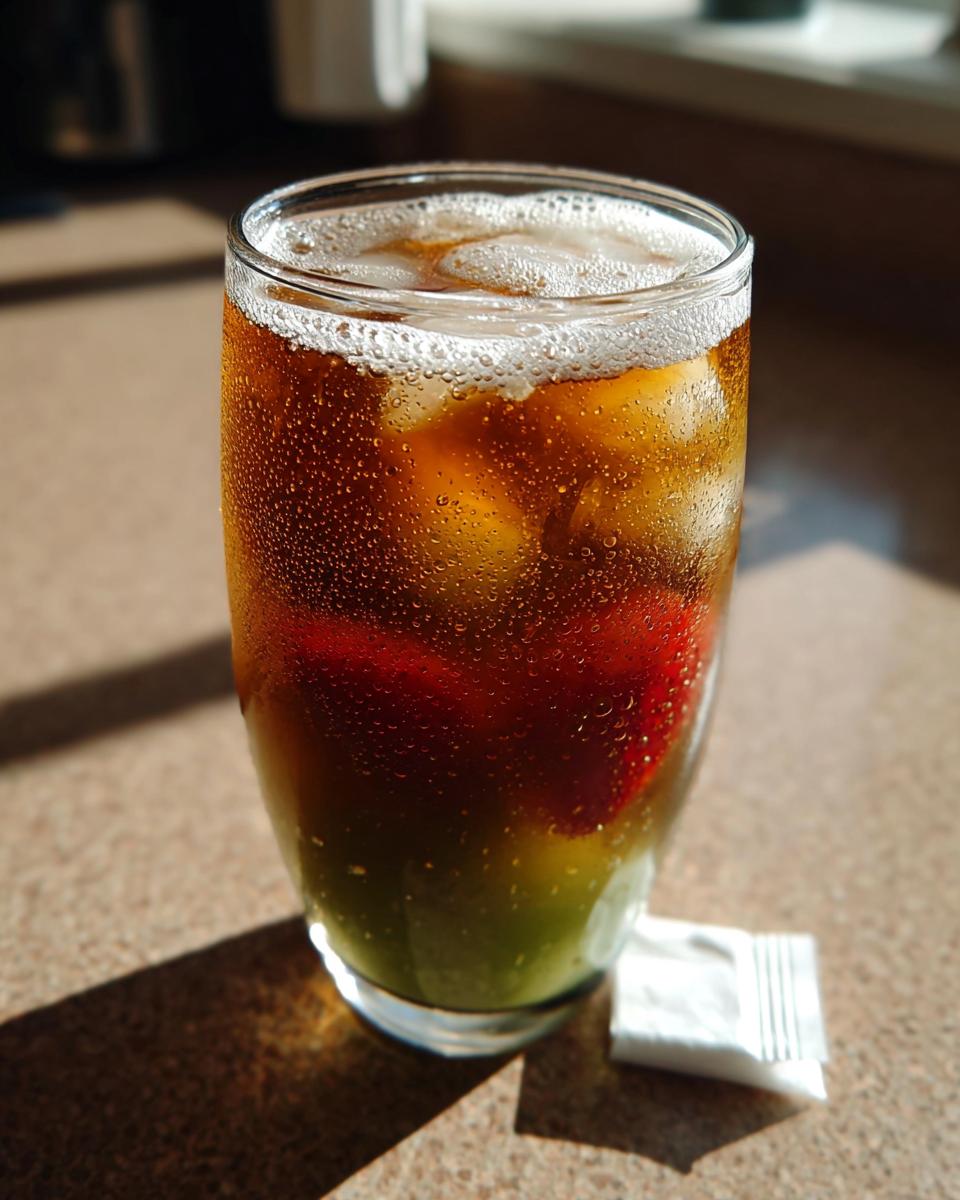 Close-up of a tall, sweating glass containing a layered iced drink, likely a custom Starbucks creation for Dorm-Friendly Starbucks Drinks.