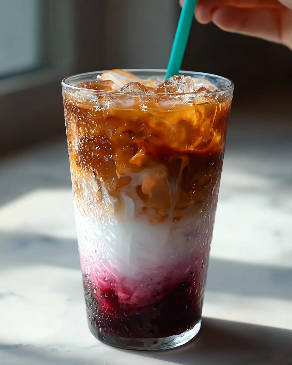 Close-up of a layered iced coffee drink, likely a Starbucks Drink Order for Busy Moms, showing berry syrup, milk, and espresso.