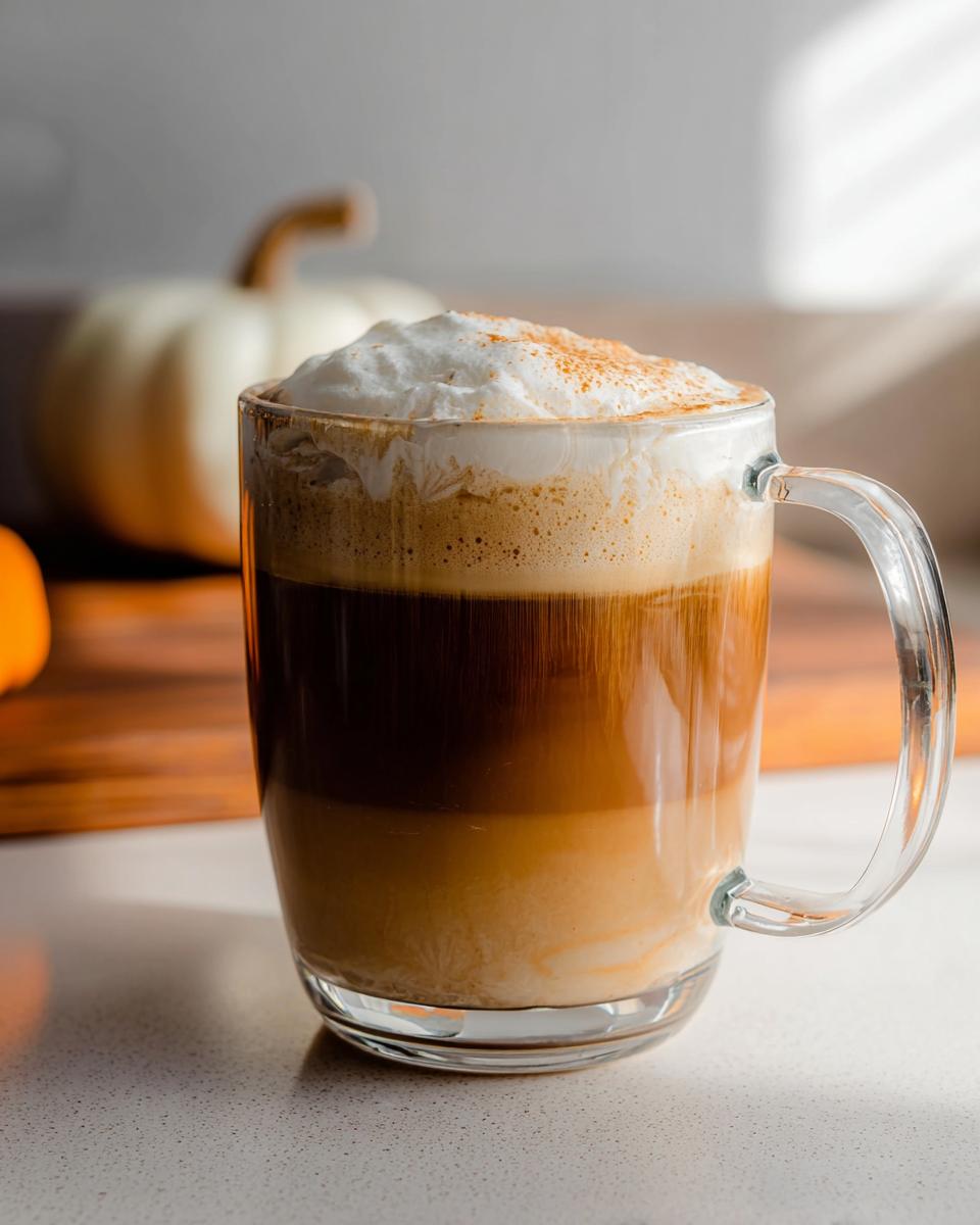 A layered Pumpkin Spice Latte topped with whipped cream and cinnamon in a clear mug, part of The Ultimate Starbucks Drinks Recipes Guide.