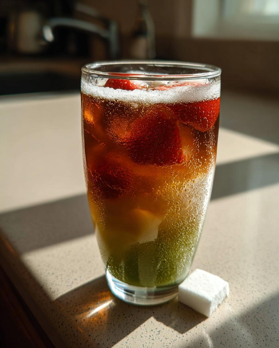 Layered iced drink with strawberries, tea, and green syrup, representing Dorm-Friendly Starbucks Drinks.