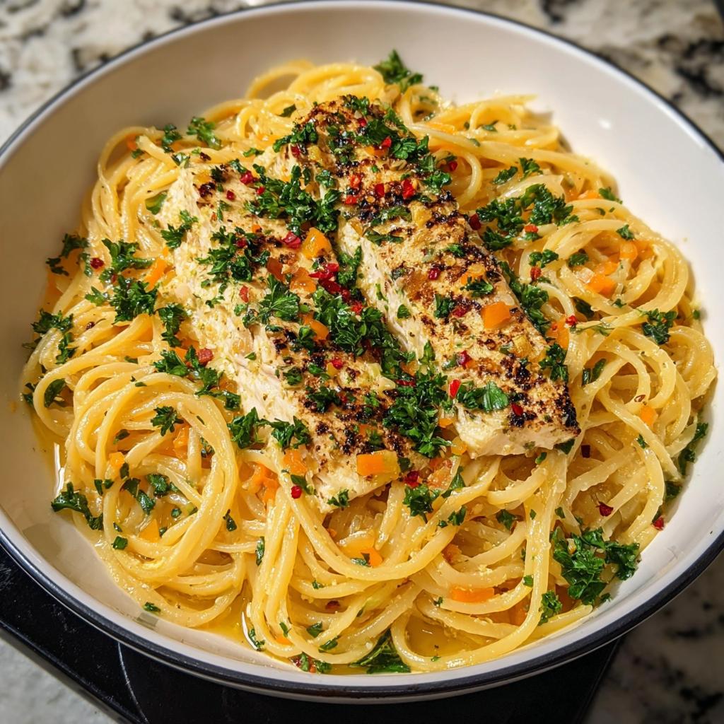 A bowl of lemon garlic pasta topped with a seared chicken breast, fresh parsley, and red pepper flakes. A great pasta recipe.