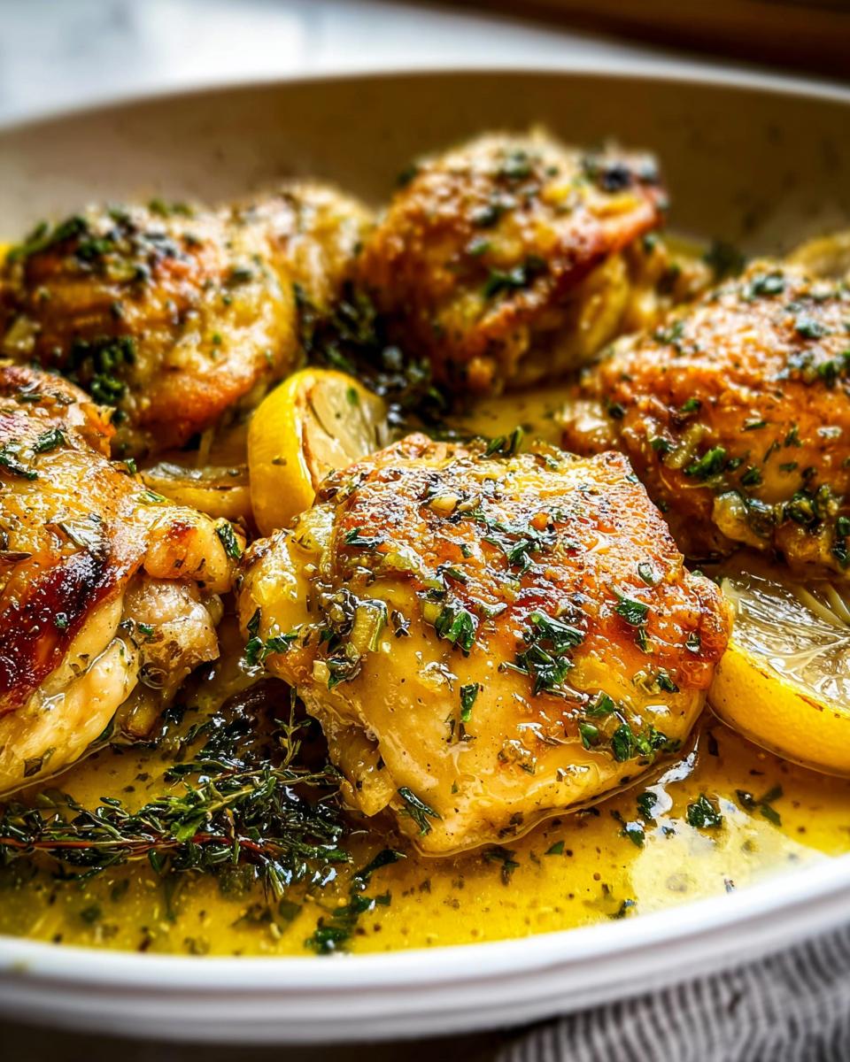 Close-up of baked lemon herb chicken thighs in a bright yellow sauce with fresh thyme, part of Healthy Chicken Dinner Recipes Everyone Loves.
