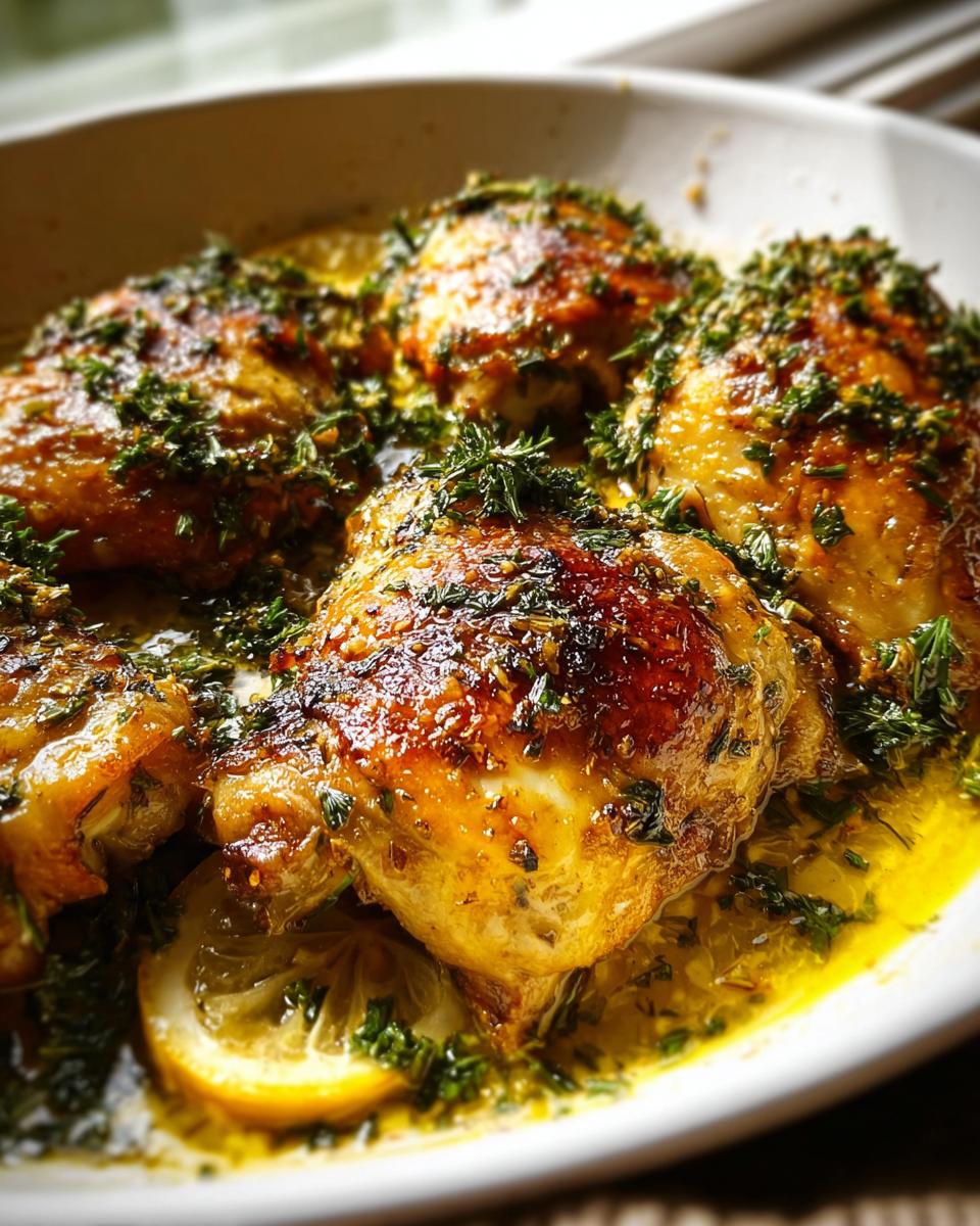 Close-up of golden-brown, herb-crusted chicken thighs swimming in lemon butter sauce, a perfect Healthy Chicken Dinner Recipes choice.