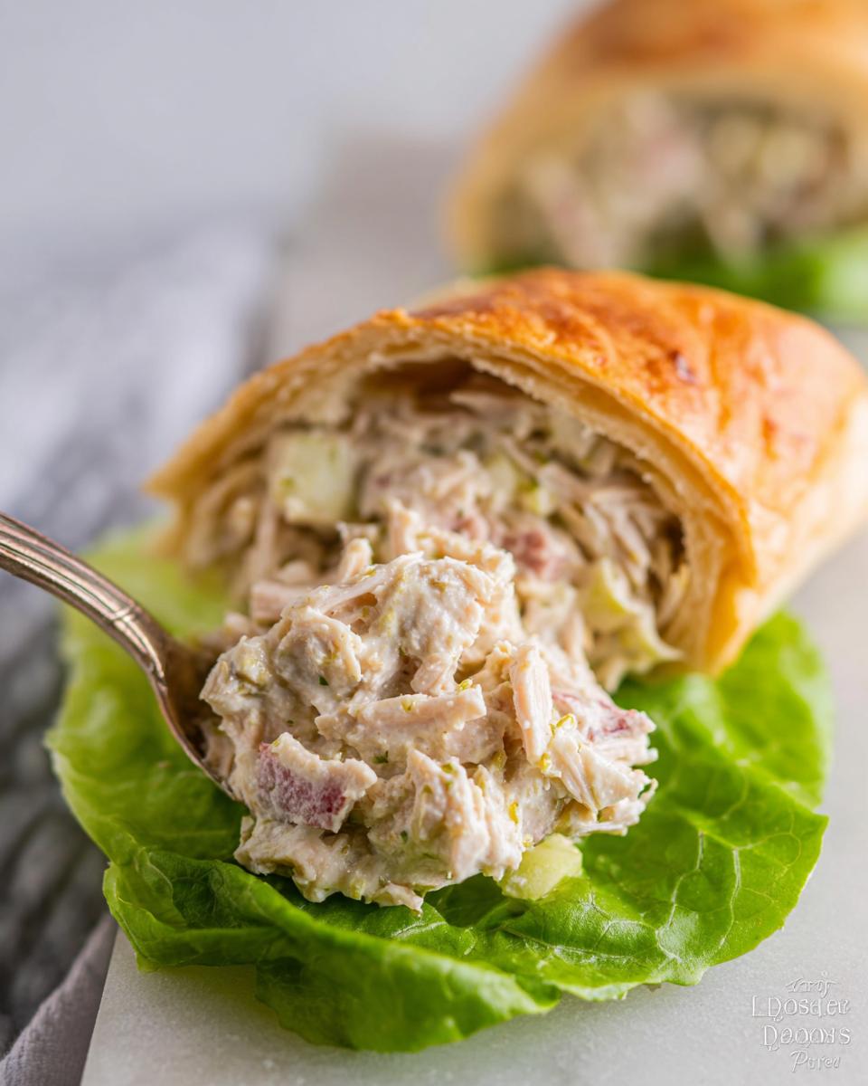 A spoonful of creamy chicken salad being served onto a crisp lettuce leaf next to a flaky pastry roll, perfect for Light & Fresh Lunch Ideas.
