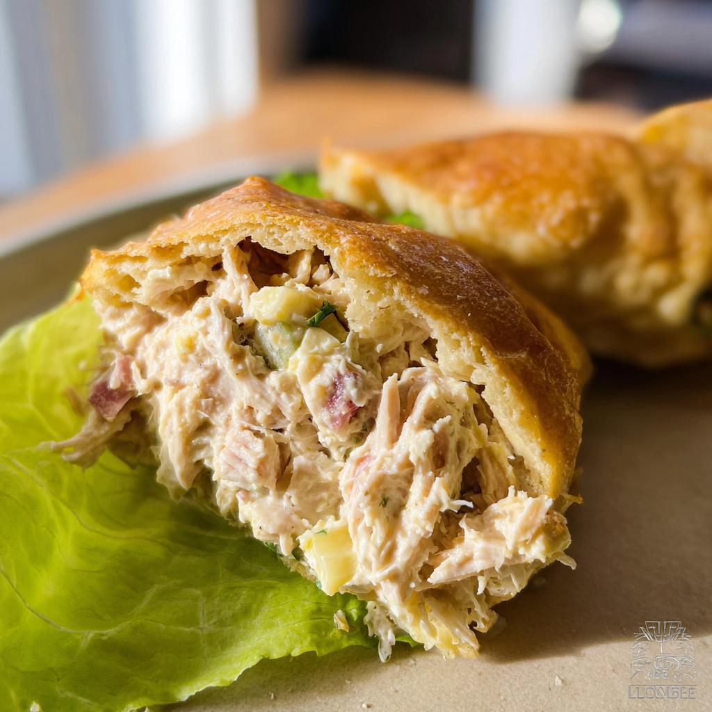 Close-up of a baked pastry pocket filled with creamy chicken salad, served on lettuce as a Light & Fresh Lunch Idea.