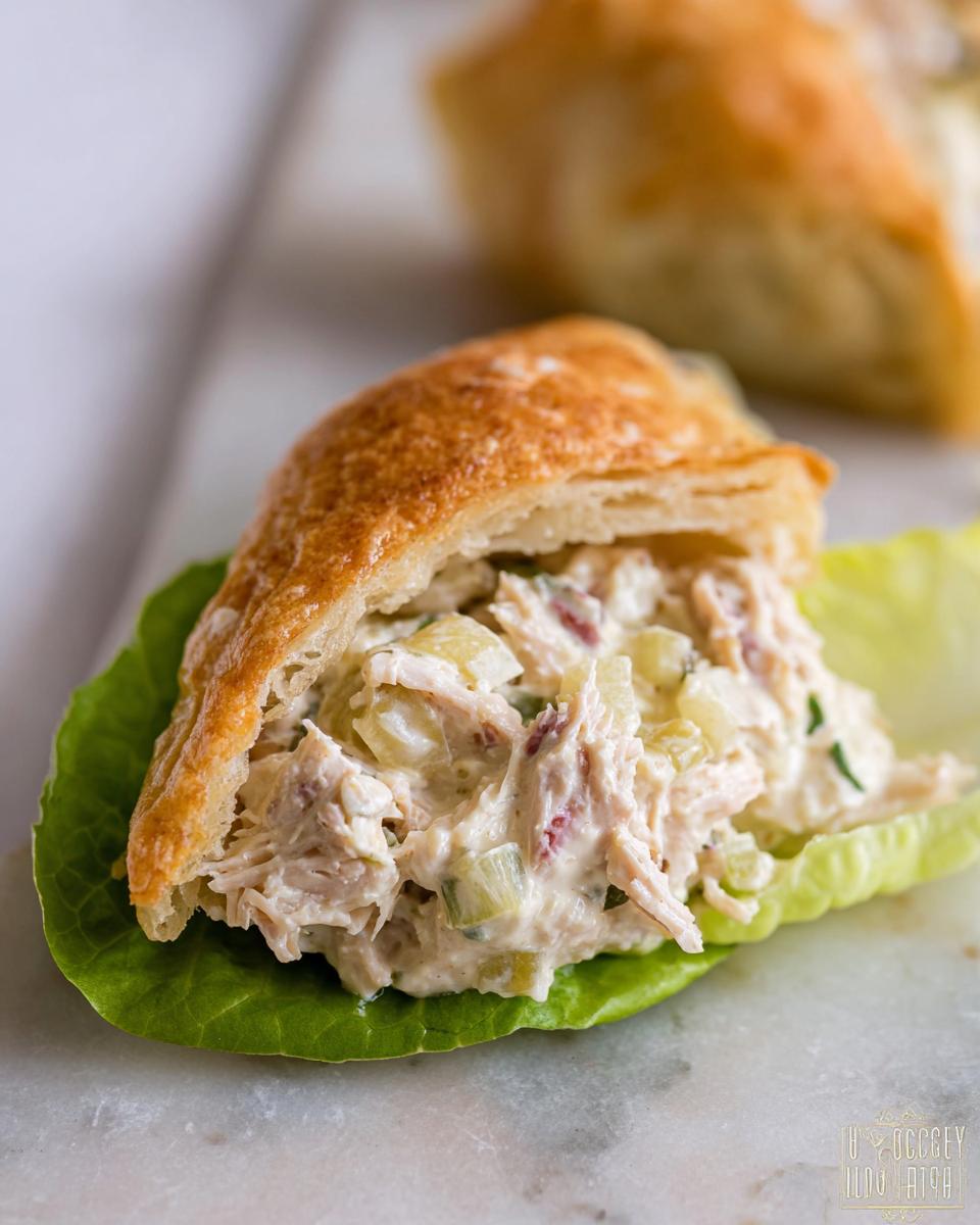 A light and fresh lunch idea: creamy chicken salad served in a flaky pastry pocket on a lettuce leaf.