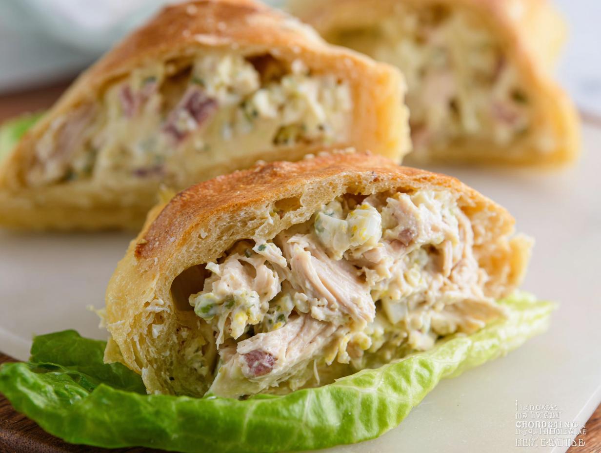 Close-up of a baked pastry pocket filled with creamy chicken salad, served on a lettuce leaf as a Light & Fresh Lunch Idea.