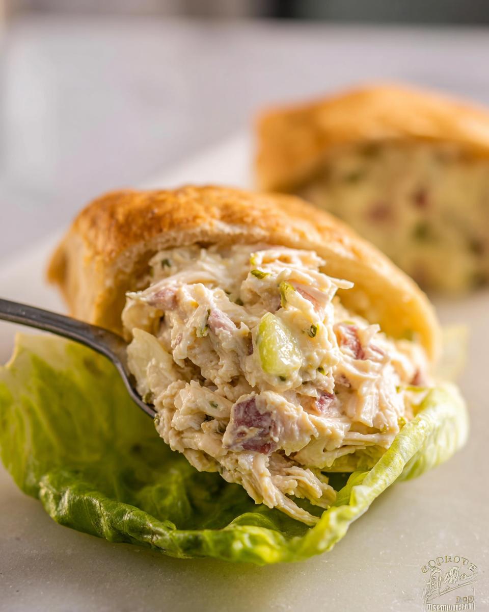 A spoonful of creamy chicken salad being placed onto a lettuce leaf inside a roll as a Light & Fresh Lunch Idea.