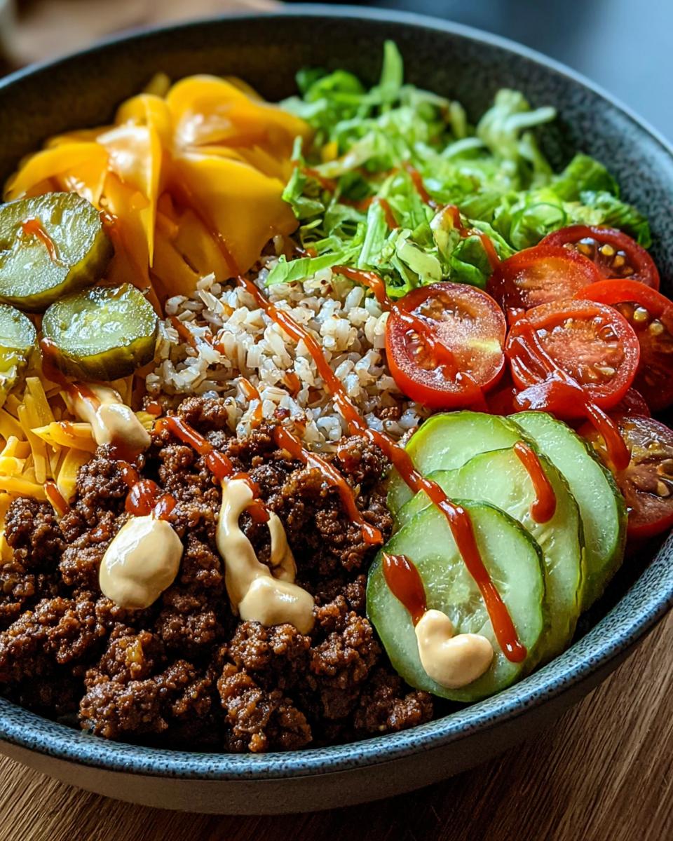 A close-up of a light & nutritious dinner recipe bowl featuring ground meat, brown rice, pickles, tomatoes, and lettuce.