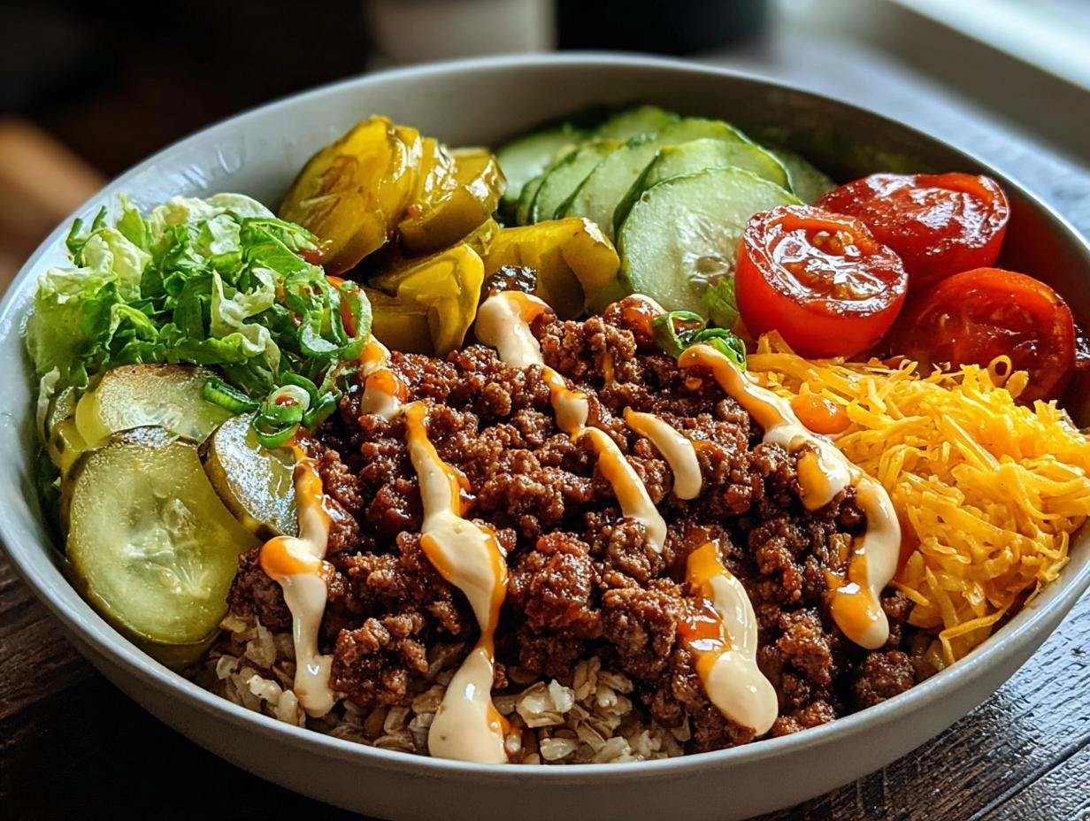 A vibrant bowl featuring seasoned ground meat over grains, topped with pickles, tomatoes, lettuce, and a creamy drizzle, perfect for light & nutritious dinner recipes.