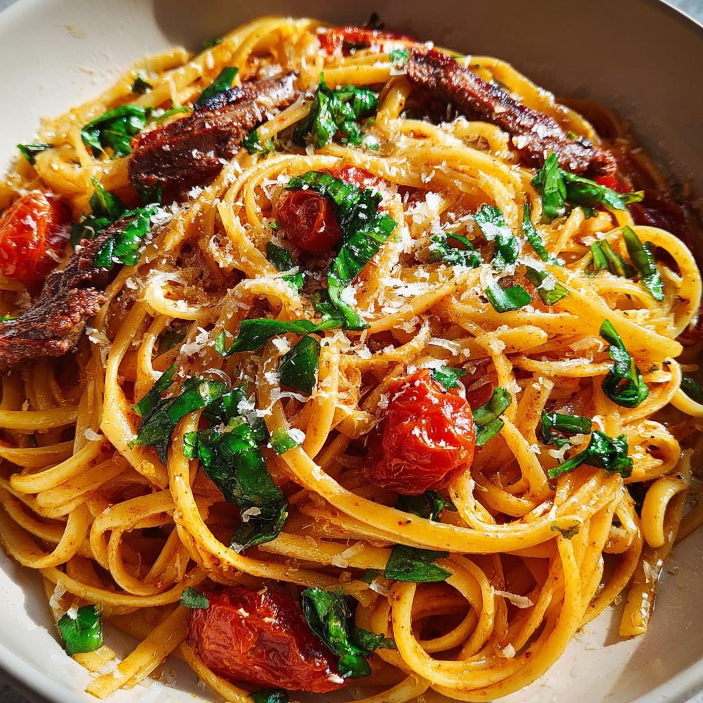 Close-up of a bowl of linguine pasta featuring roasted cherry tomatoes, herbs, and shredded cheese, part of 12-Ingredient Pasta Recipes.