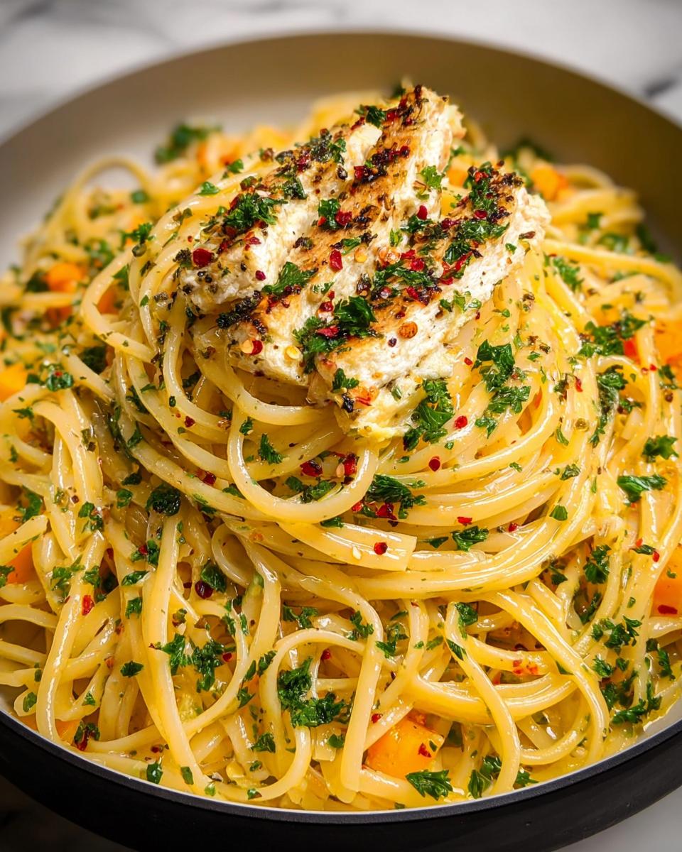 Close-up of linguine pasta tossed in a light sauce, topped with sliced grilled chicken and fresh parsley.