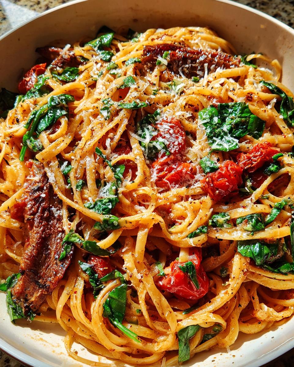 Close-up of linguine pasta tossed with spinach, sun-dried tomatoes, and Parmesan cheese, part of 12-Ingredient Pasta Recipes.