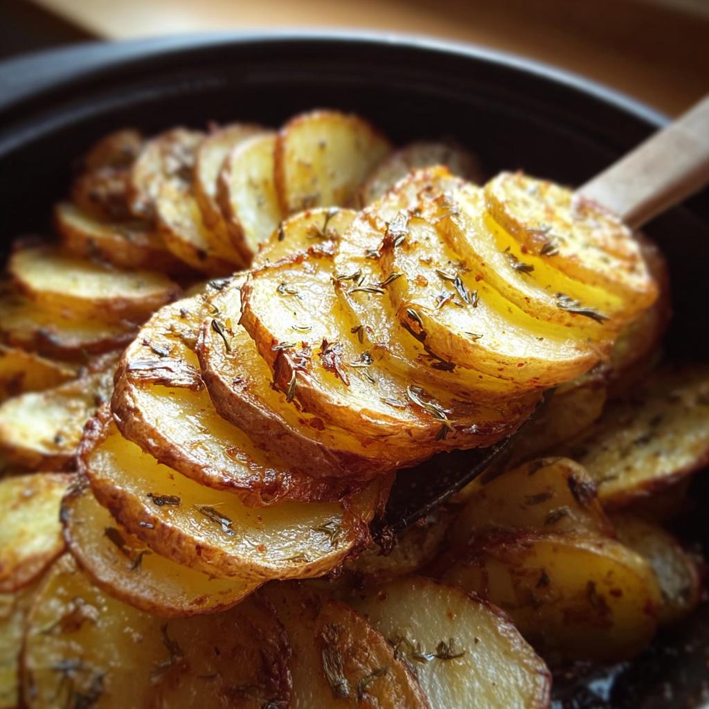 Close-up of golden, thinly sliced potatoes seasoned with herbs, being served from a dark dish for the Lipton Onion Potatoes Recipe.