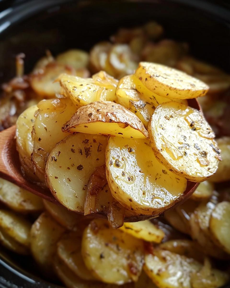 A wooden spoon lifting seasoned, sliced potatoes from a pot, showcasing the Lipton Onion Potatoes Recipe.