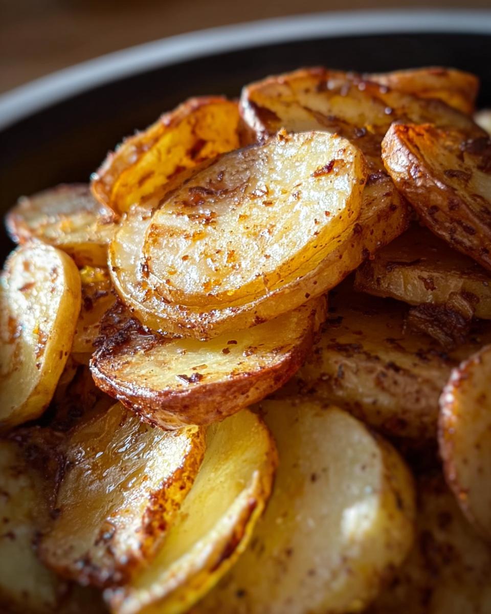 Close-up of golden brown, seasoned, sliced potatoes from the How to Make Lipton Onion Potatoes Recipe.
