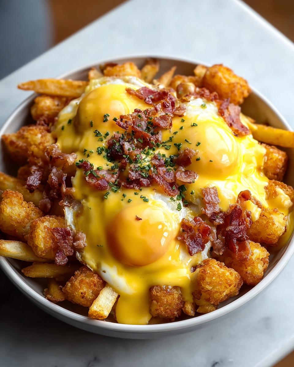 A bowl filled with tater tots, fries, three sunny-side-up eggs covered in cheese sauce, and bacon bits, perfect for Restaurant-Style Breakfast Ideas.
