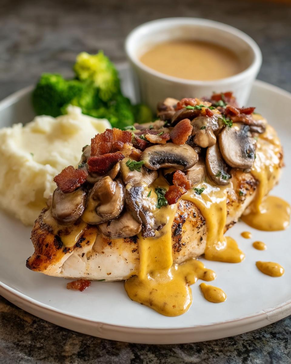 A juicy grilled chicken breast topped with sautéed mushrooms, bacon bits, and creamy sauce, served with mashed potatoes.