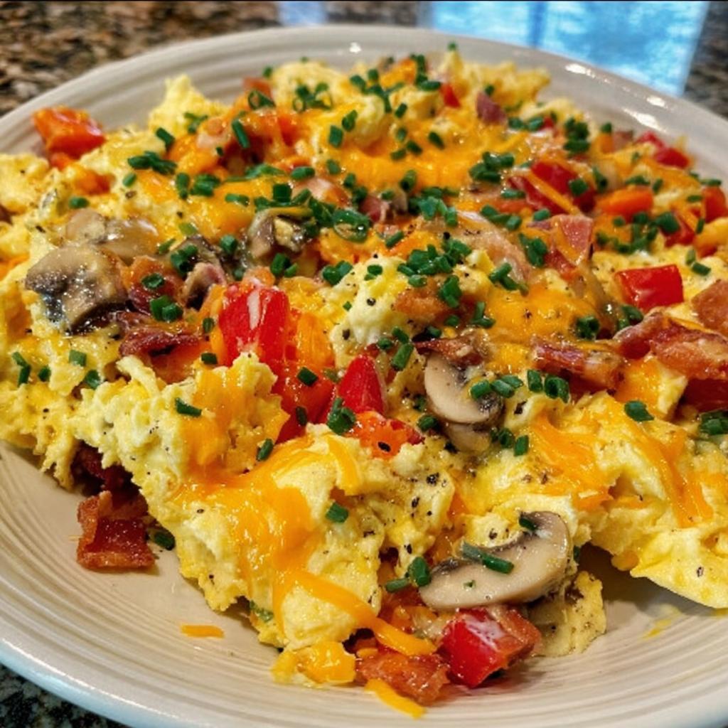 Fluffy scrambled eggs loaded with mushrooms, bacon, peppers, and melted cheddar cheese, perfect for Breakfast Ideas Recipes Meal Prep.