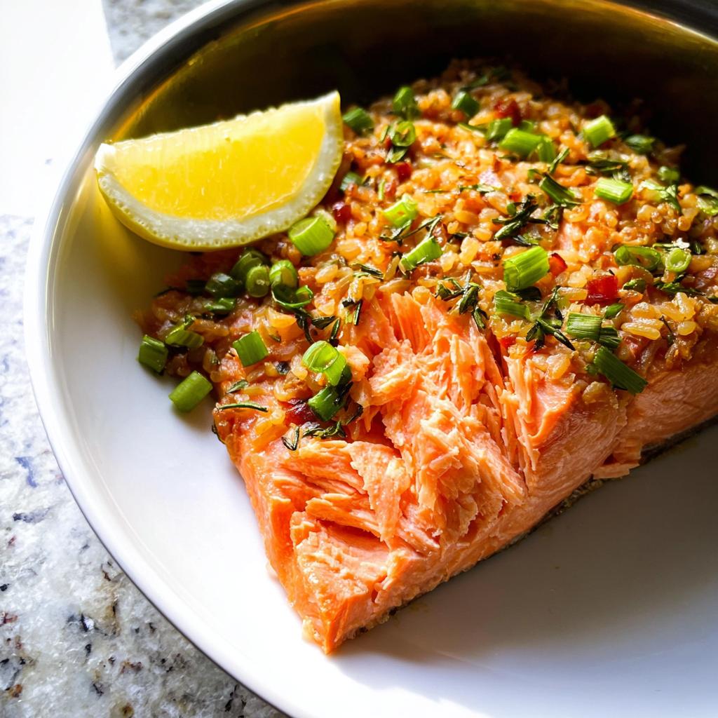Flaky baked salmon topped with brown rice and green onions, served with a lemon wedge. A Simple Low-Calorie Dinner Idea.