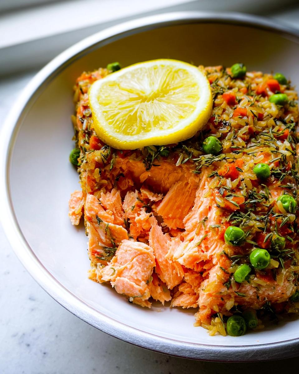 Flaky baked salmon topped with rice, peas, herbs, and a lemon slice, perfect for simple low-calorie dinner ideas.