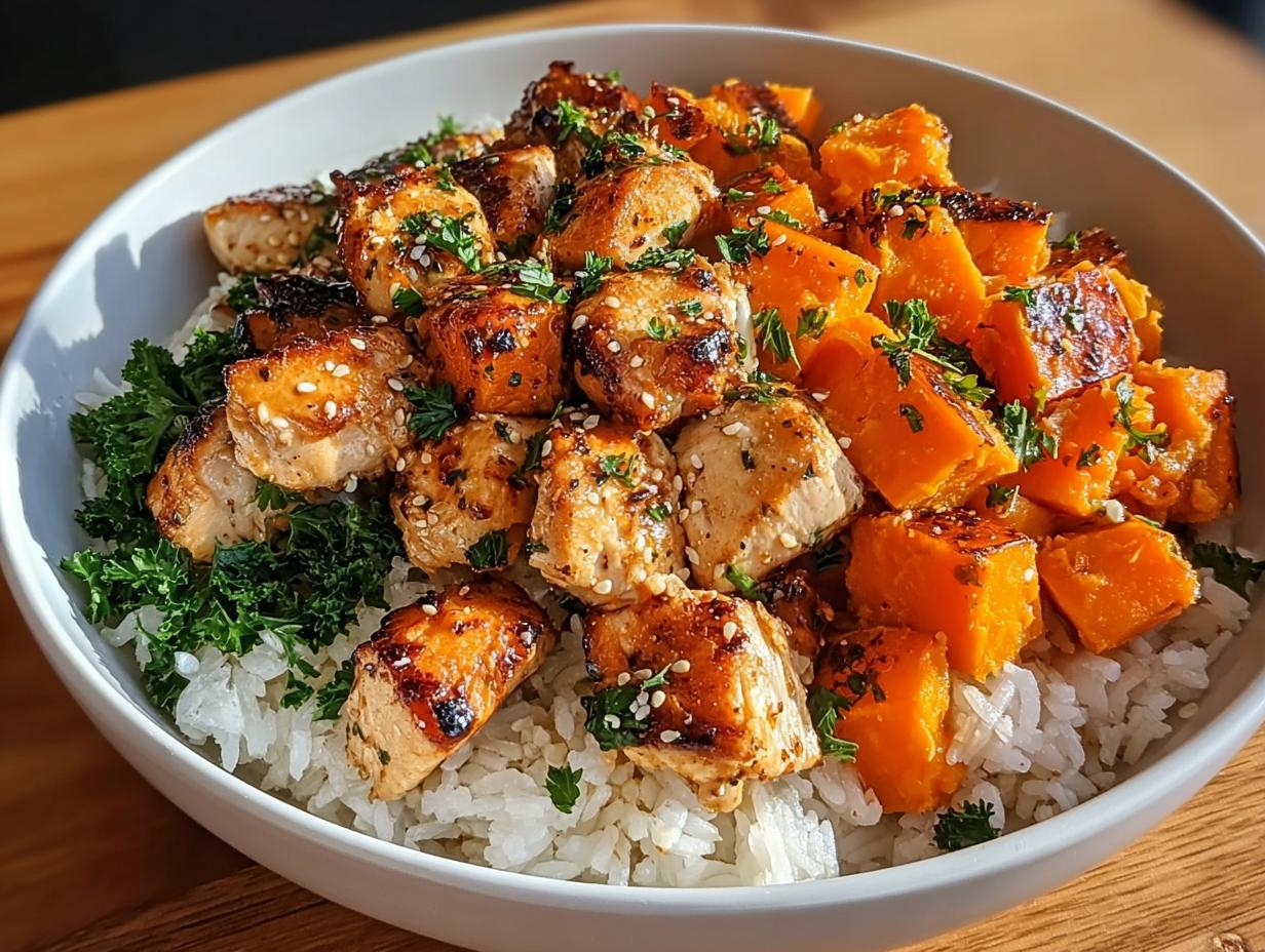 Close-up of a healthy make-ahead lunch bowl featuring white rice, glazed chicken cubes, roasted orange squash, and kale.