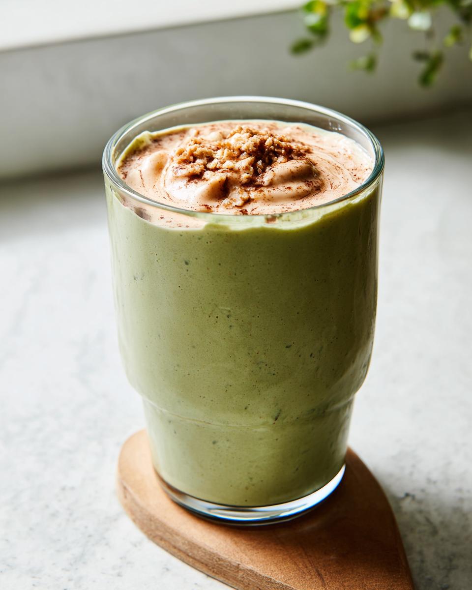 A thick, green Matcha Vanilla Bean Powder Smoothie topped with foam and crushed nuts.