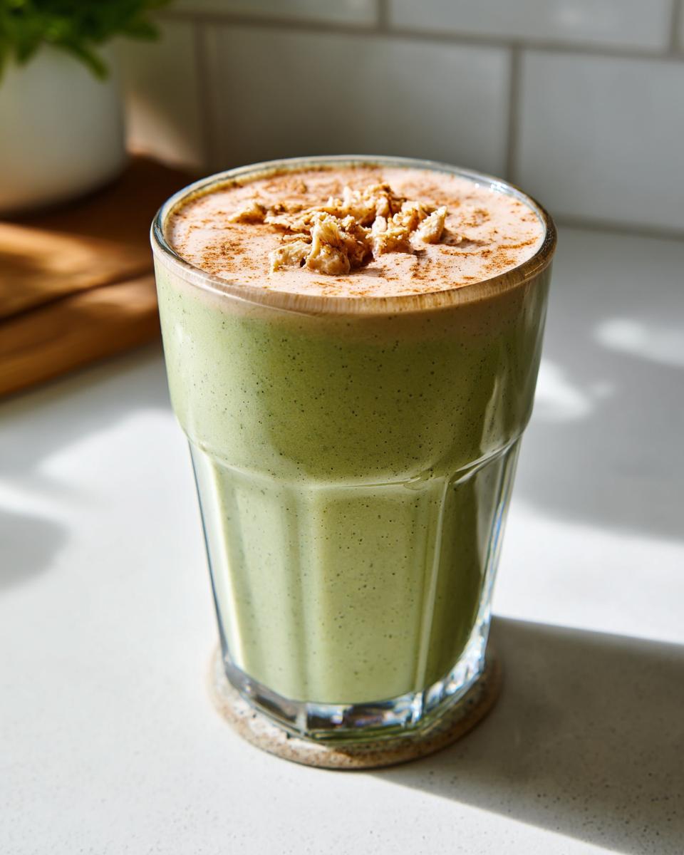 A tall glass filled with a vibrant green Matcha Vanilla Bean Powder Smoothie, topped with cinnamon and granola.
