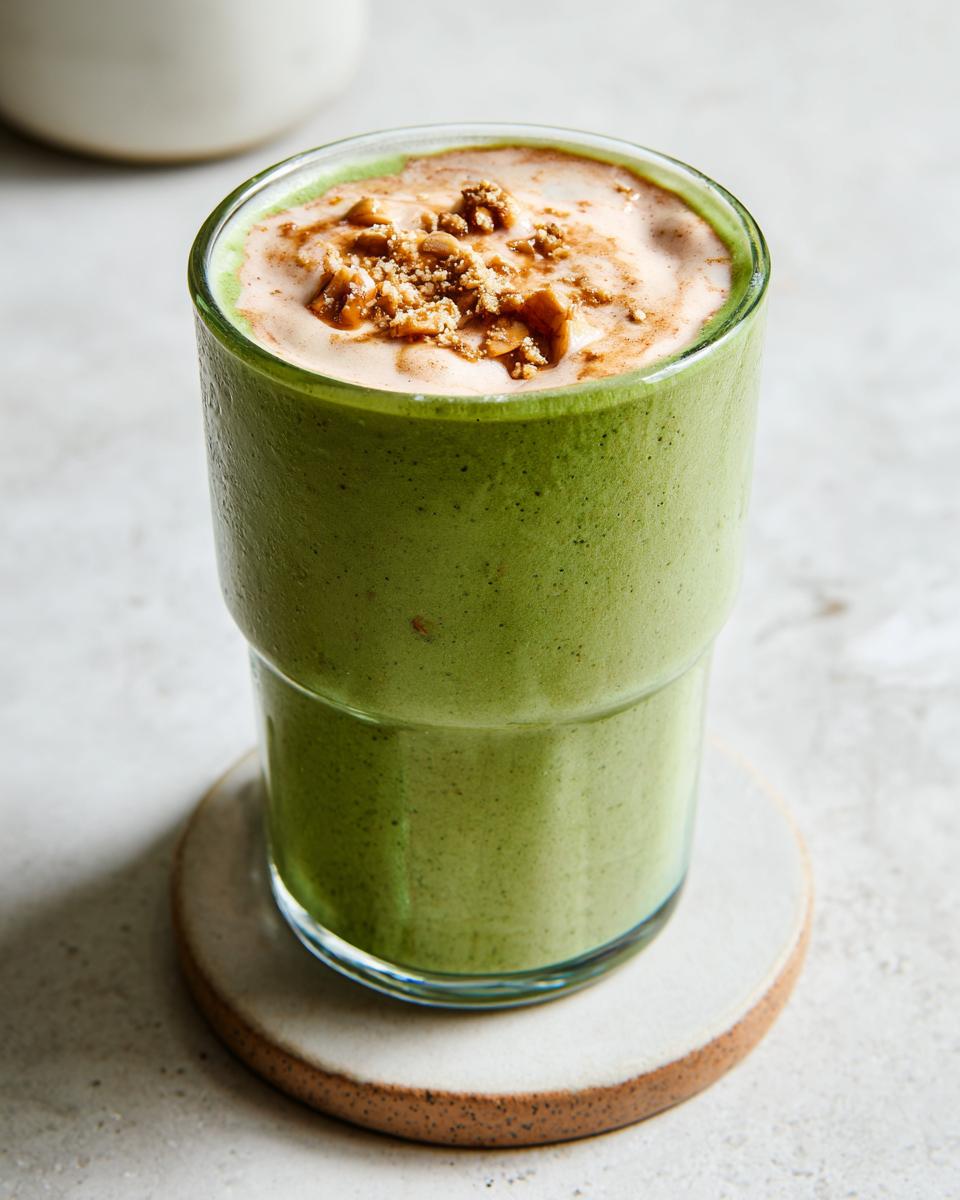 A vibrant green Matcha Vanilla Bean Powder Smoothie topped with foam and crushed nuts.
