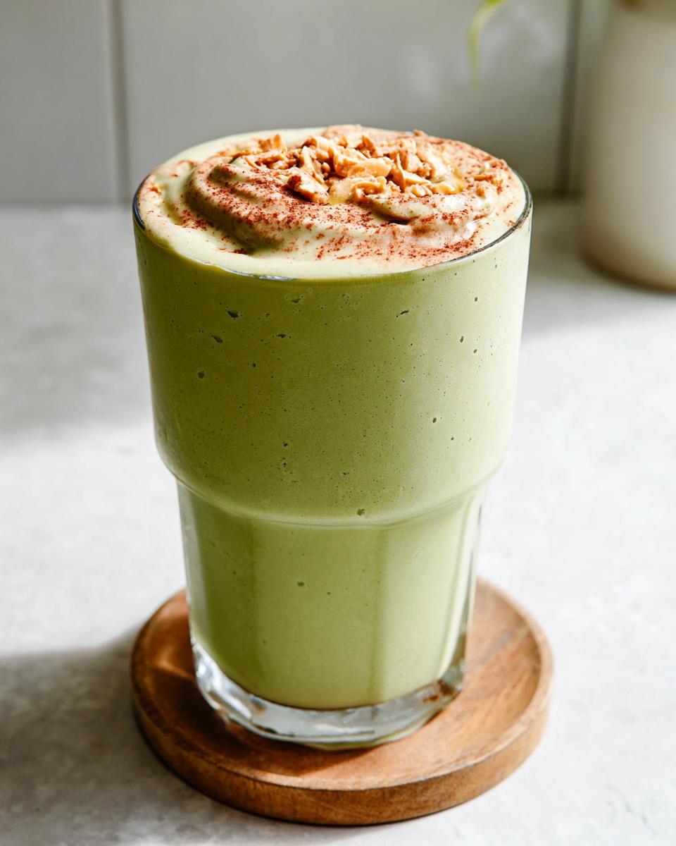 A tall glass filled with a thick, green Matcha Vanilla Bean Powder Smoothie, topped with whipped cream and nuts.