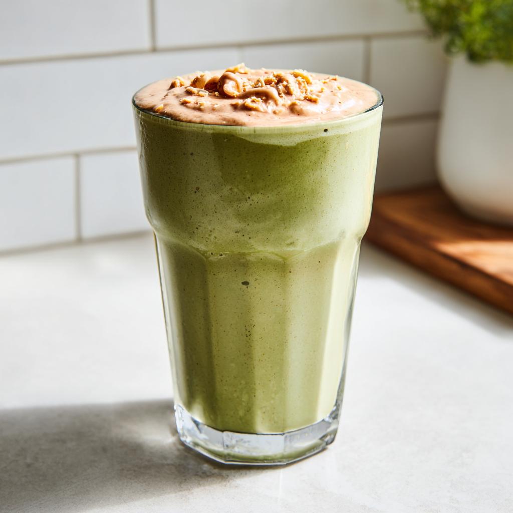 A tall glass filled with a vibrant green Matcha Vanilla Bean Powder Smoothie topped with a dollop of creamy topping and nuts.