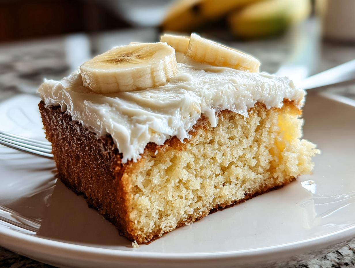 Close-up of a slice of moist banana cake with thick white frosting and fresh banana slices on top.