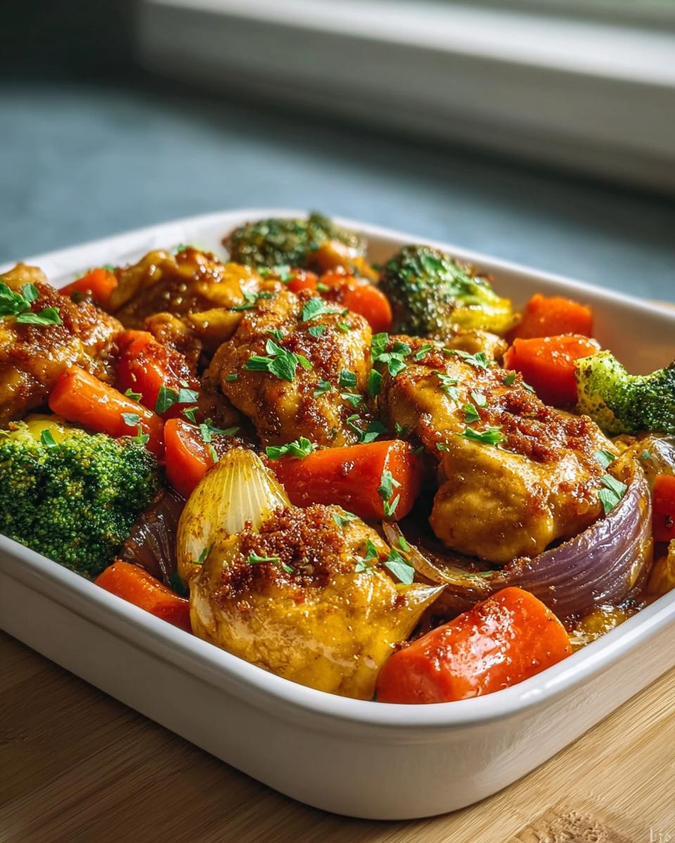 Close-up of baked chicken pieces with roasted carrots, broccoli, and onions, perfect for Easy Meal Prep Recipes for a Healthy Week.