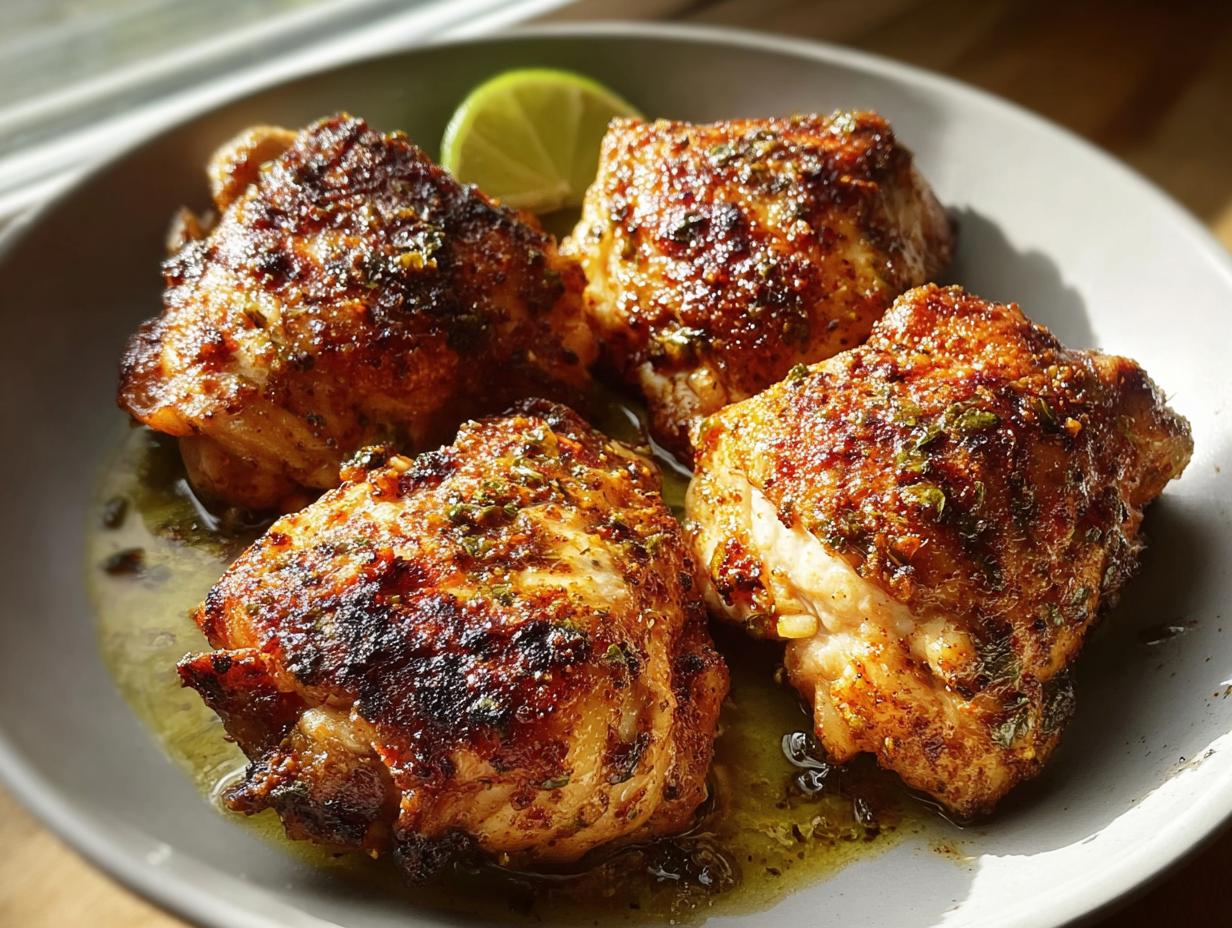 Four perfectly cooked, seasoned chicken thighs with crispy skin resting in pan juices, garnished with a lime wedge.