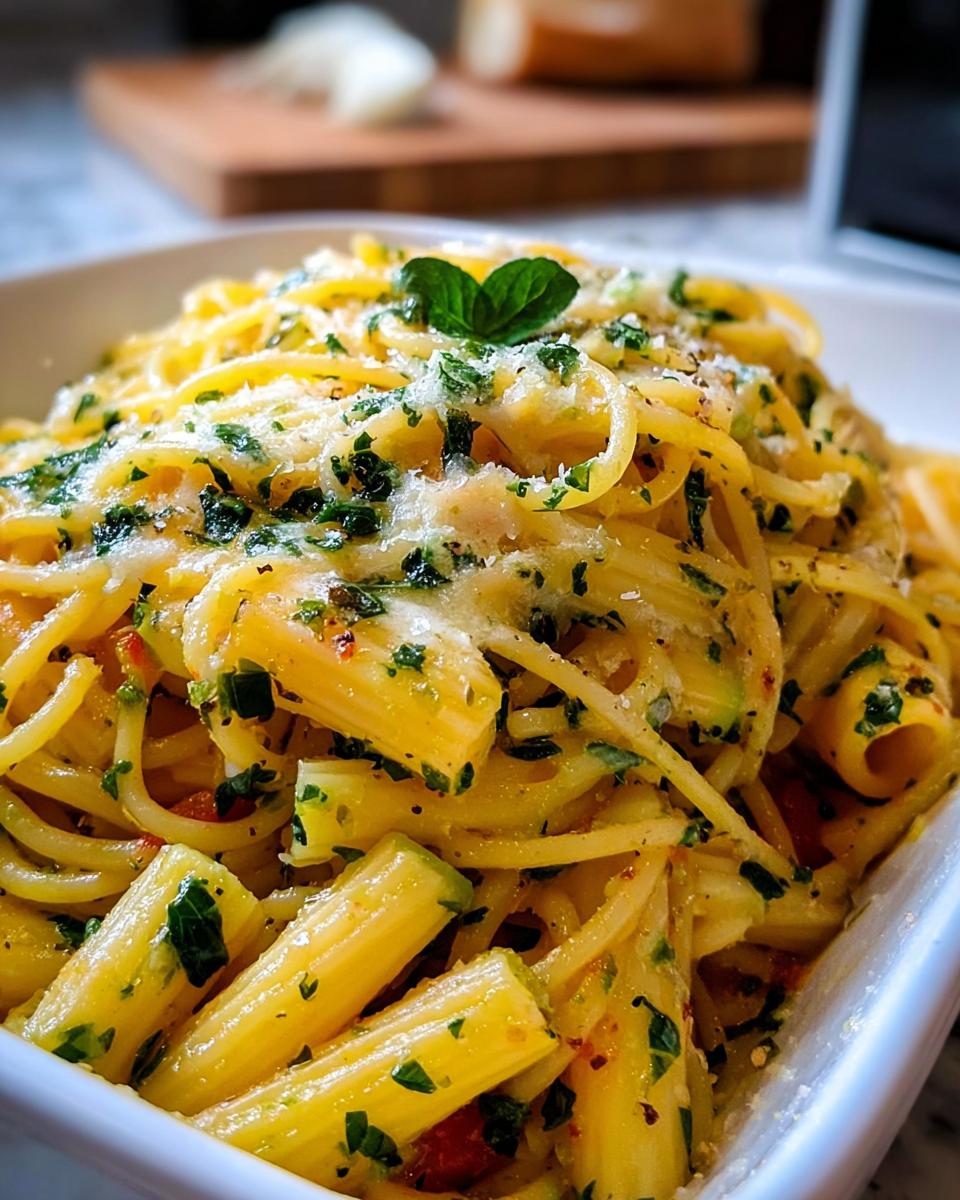 Close-up of a bright yellow pasta dish featuring spaghetti and rigatoni mixed with zucchini, herbs, and grated cheese, perfect for Pasta Recipes Meal Prep.