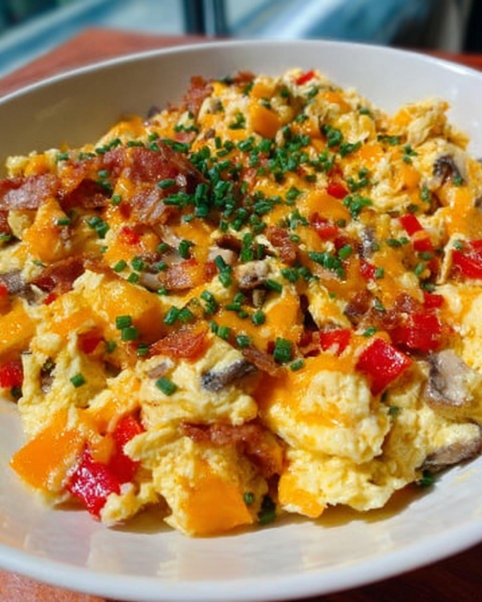 Close-up of fluffy scrambled eggs mixed with cheese, bacon, peppers, and chives, perfect for Breakfast Ideas Recipes Meal Prep.