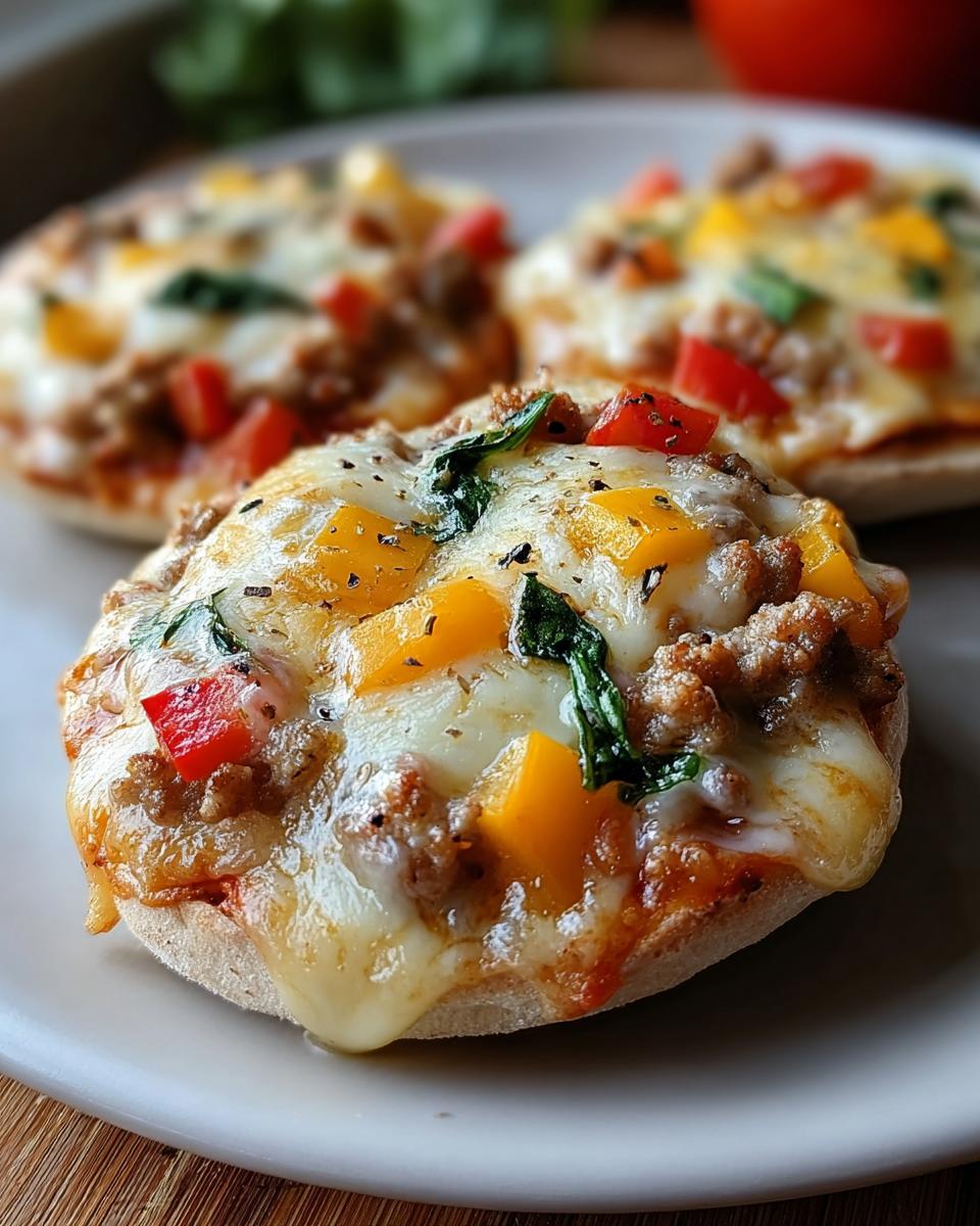 Close-up of mini breakfast pizzas on English muffins with melted cheese, sausage, and peppers, one of 12 Genius Breakfast Ideas Recipes Ideas for Busy Weeknights.