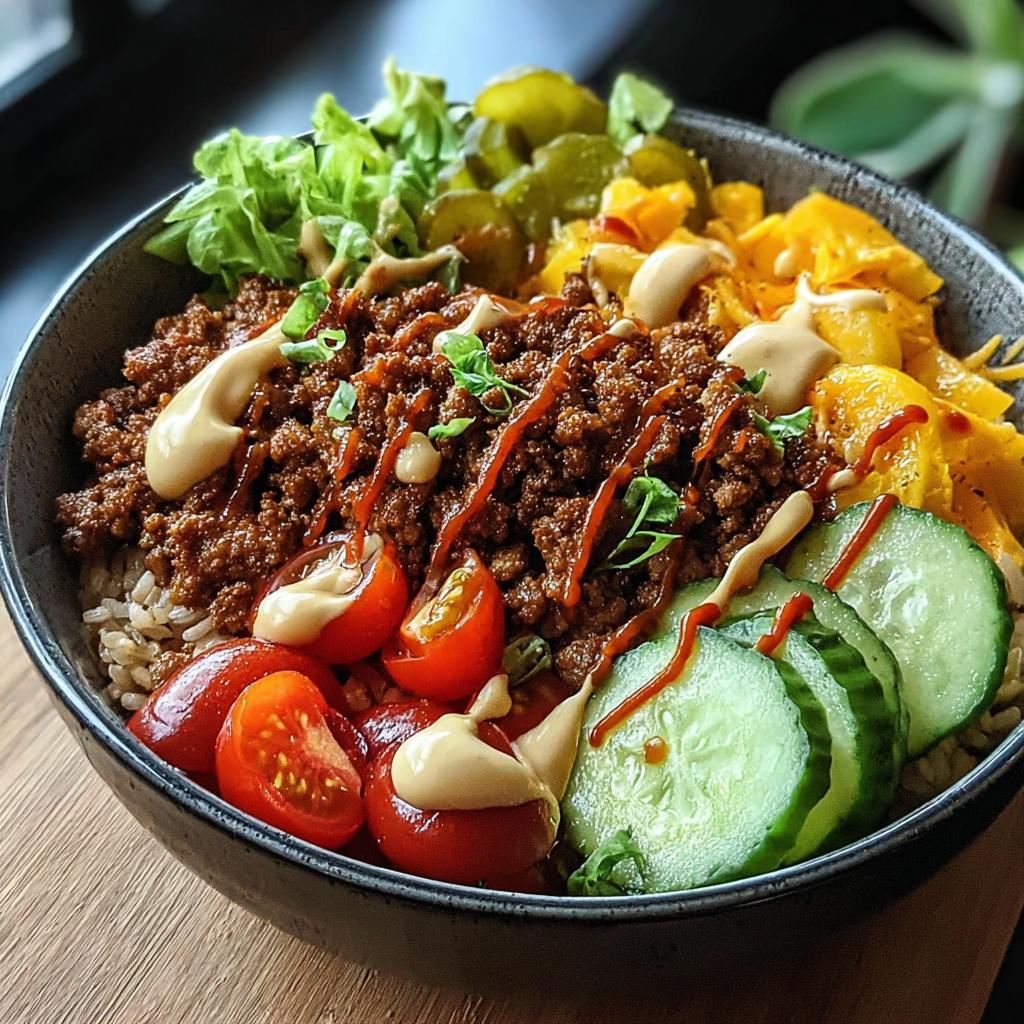 A colorful bowl featuring seasoned ground meat over rice, topped with fresh tomatoes, cucumbers, lettuce, and sauces, perfect for light & nutritious dinner recipes.