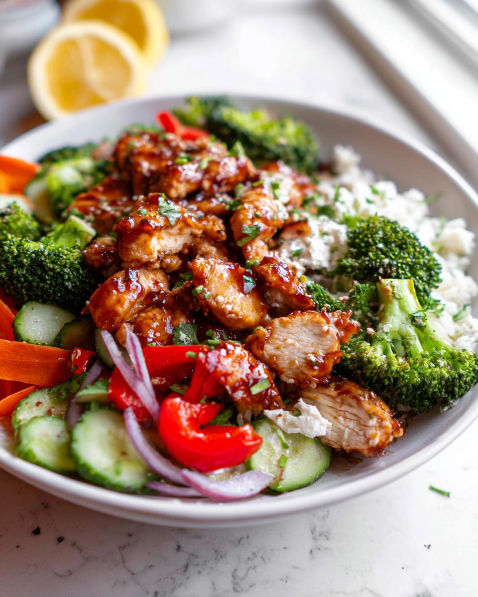 Close-up of a bowl featuring glazed chicken, broccoli, rice, and fresh vegetables for Nutritious Homemade Meals.