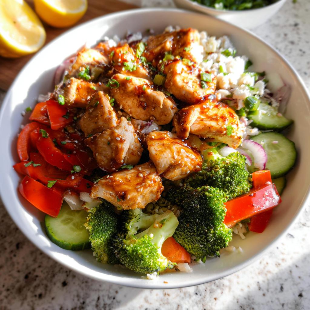 A vibrant bowl featuring glazed chicken pieces over rice with broccoli, peppers, and cucumbers, perfect for Nutritious Homemade Meals.