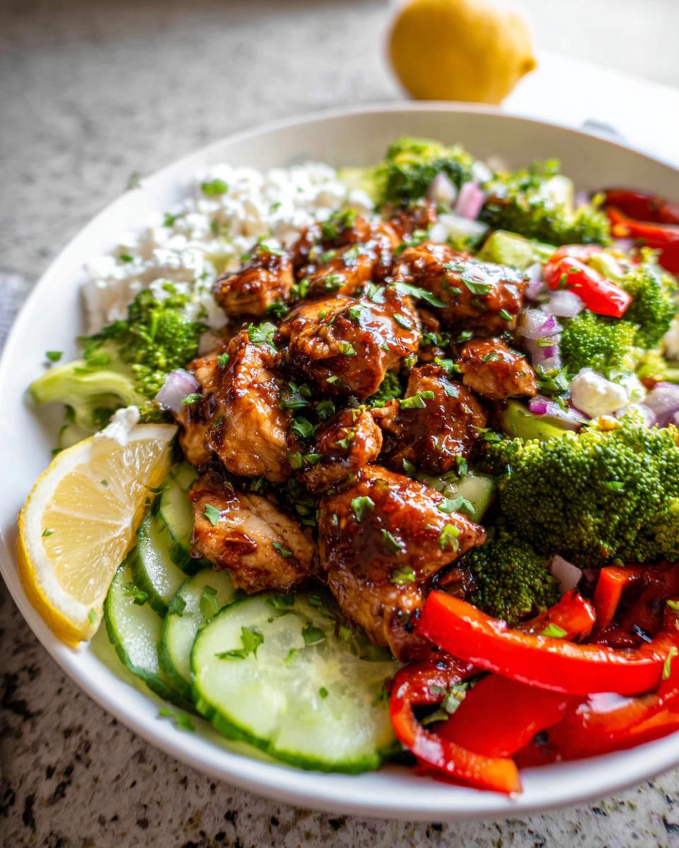 Close-up of a vibrant bowl featuring glazed chicken pieces, broccoli, cucumbers, and feta cheese, perfect for Nutritious Homemade Meals.