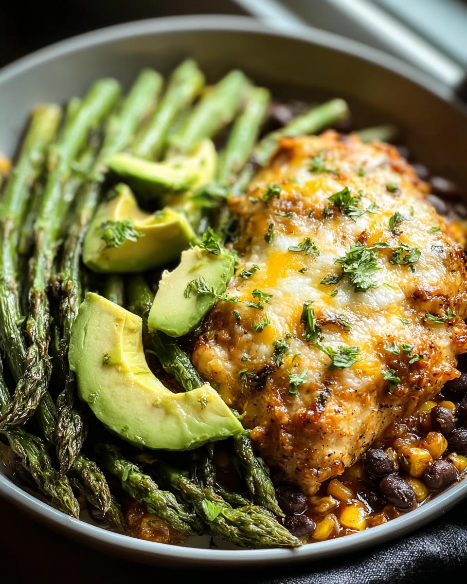 Close-up of a cheesy baked chicken breast served with roasted asparagus, black beans, corn, and fresh avocado slices.