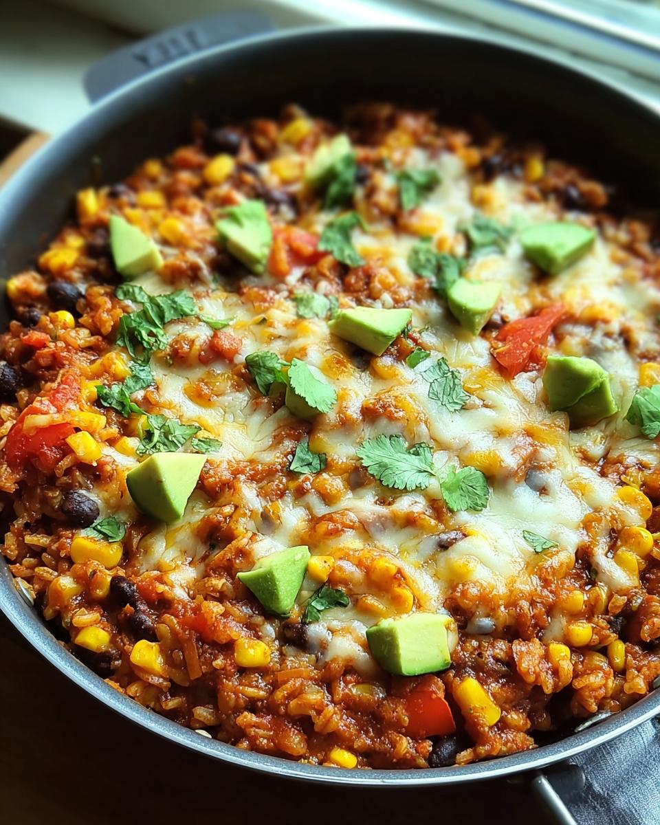 Close-up of a one-pan healthy dinner idea: Mexican rice with black beans, corn, melted cheese, avocado chunks, and cilantro.