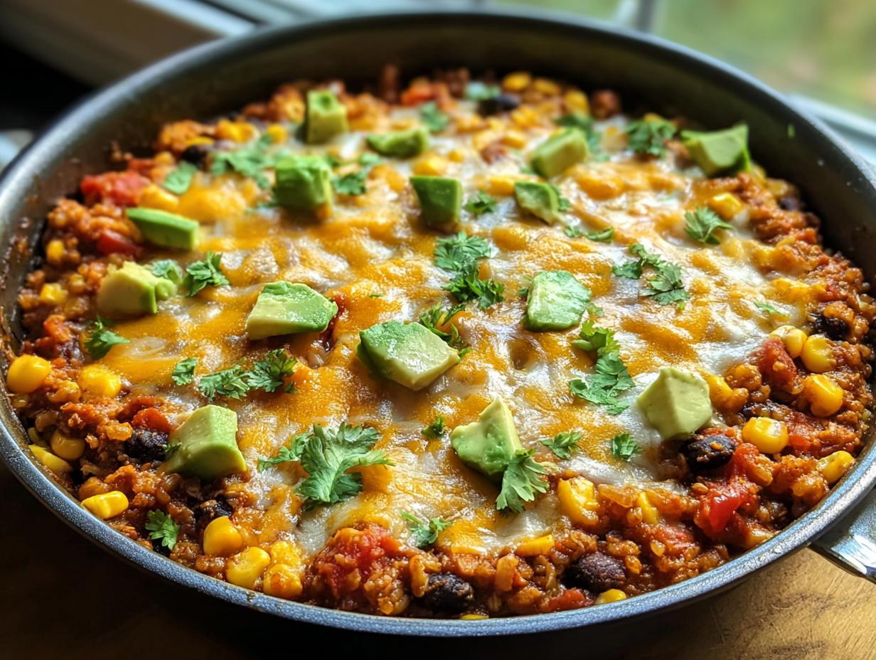 Close-up of a vibrant one-pan healthy dinner idea featuring rice, beans, corn, topped with melted cheese, avocado chunks, and cilantro.