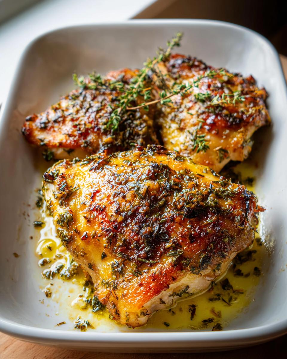 Two pieces of Oven Baked Lemon Herb Chicken with crispy, herb-crusted skin sitting in pan juices.