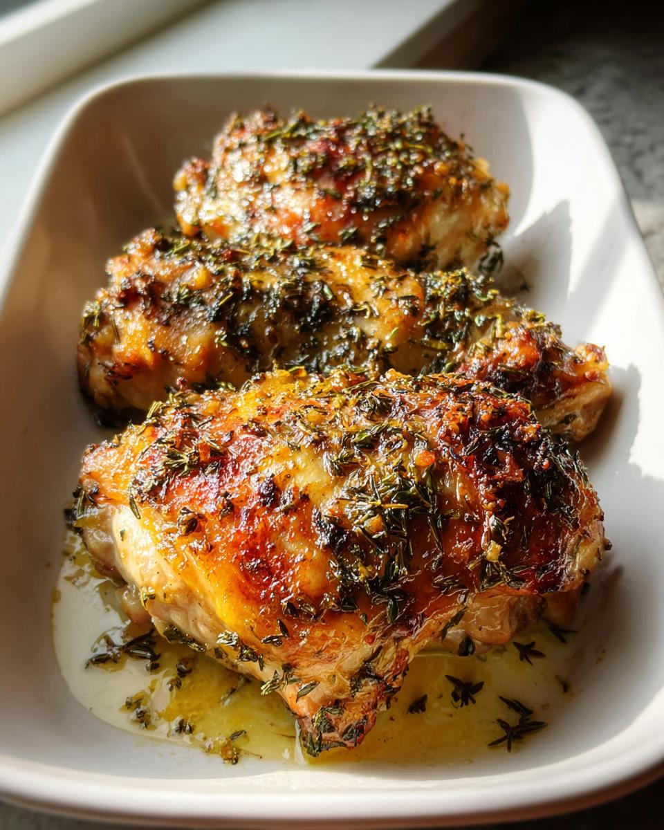 Three pieces of Oven Baked Lemon Herb Chicken that Stays Juicy with crispy, herb-crusted skin sitting in pan juices.