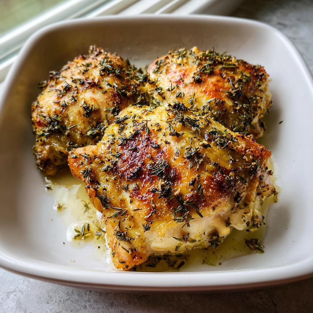 Three golden-brown, juicy Oven Baked Lemon Herb Chicken thighs covered in herbs in a white dish.